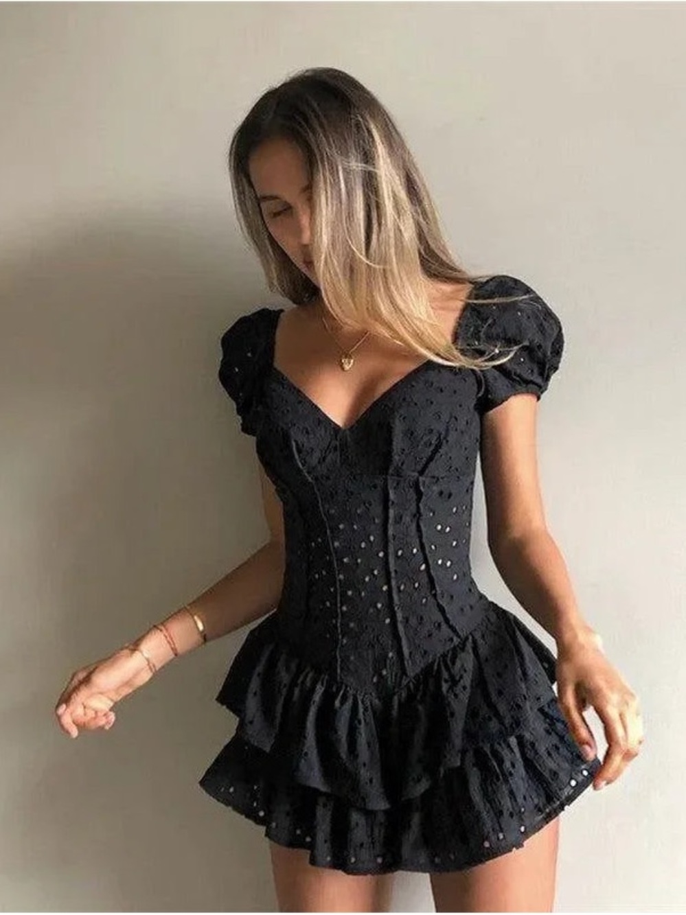 Black Eyelet Puff-Sleeve Mini Dress - Bought at a Miami Boutique